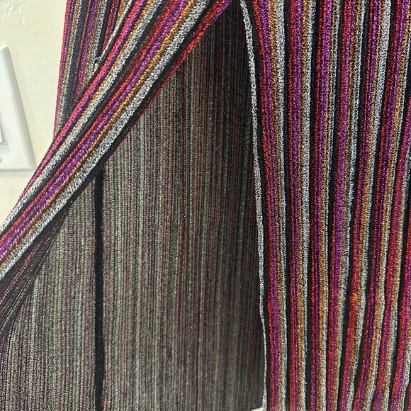 TOPSHOP Metallic Plisse Striped Midi Skirt Size US 2 A-line Elastic Waist Slit - Picture 6 of 8